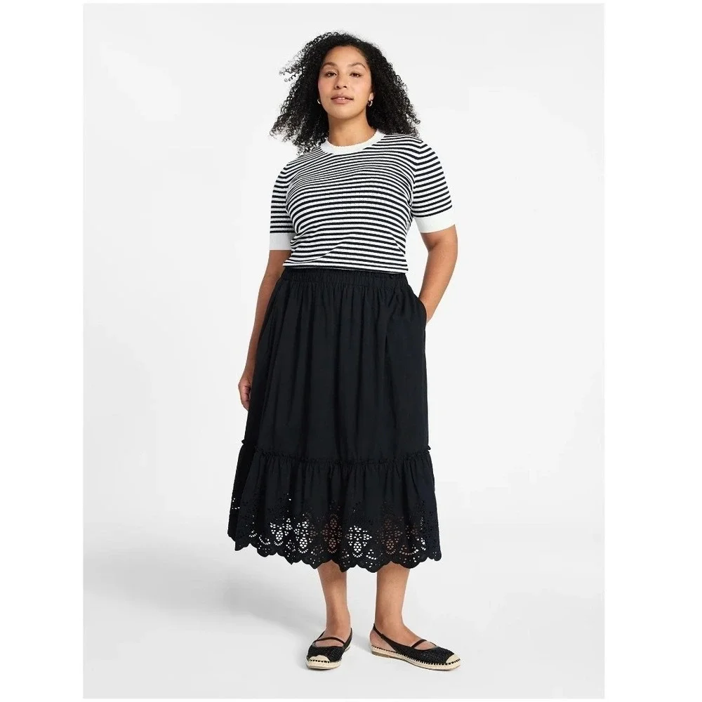 NWT Womens XL Black Eyelet Trim Midi Skirt with Pockets Cottagecore Time and Tru - Picture 2 of 7
